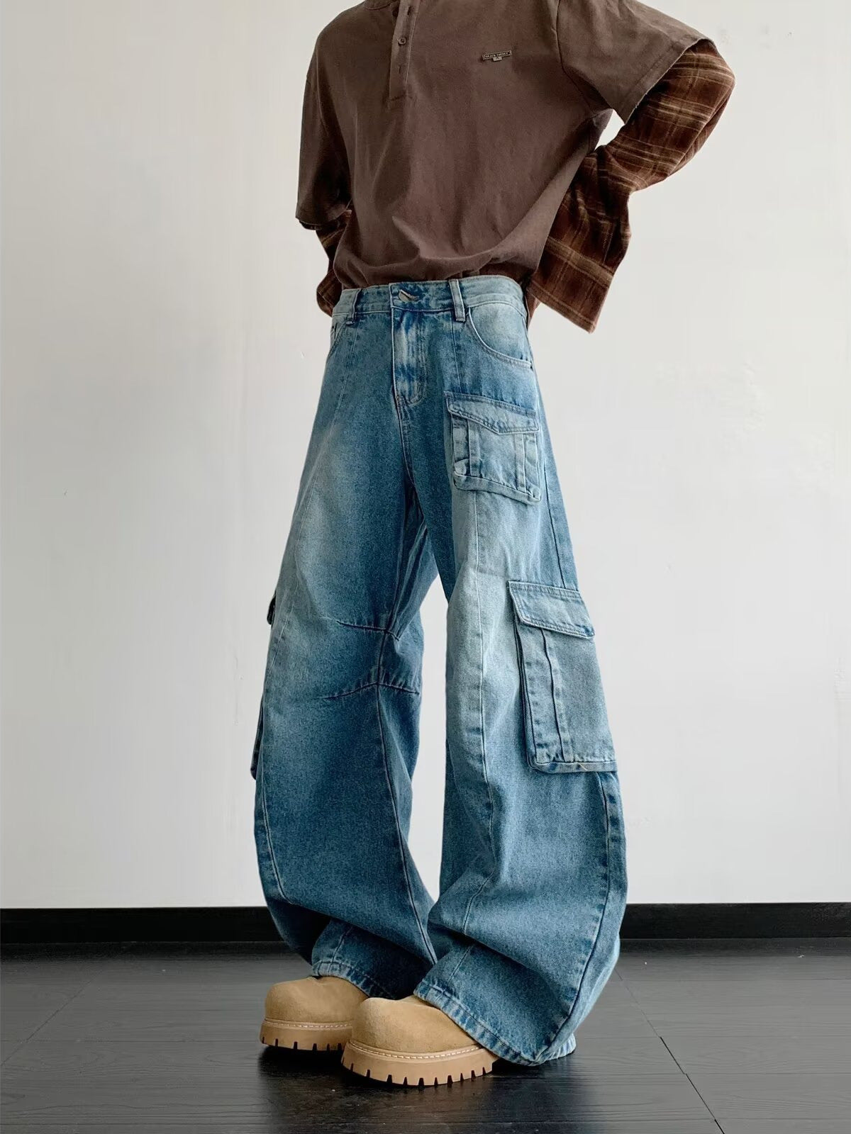 Multi Pocket Curved Knife Denim Wide Leg Pants