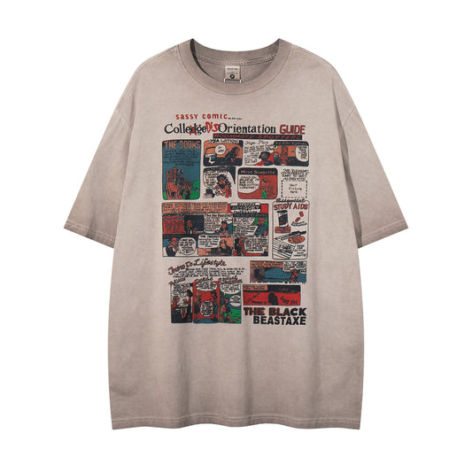 Washed Fun Cartoon Print Short Sleeve T-Shirt