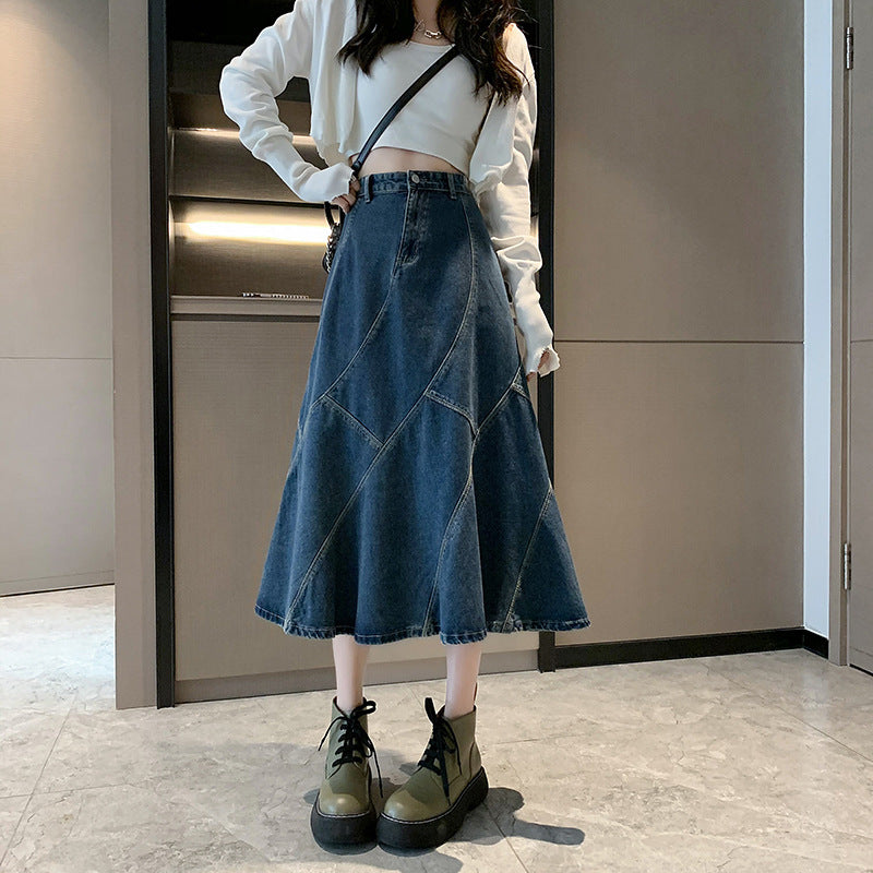 High Waist A-Line Loose Midi Denim Skirt for Women - Slimming, Hip-Hiding Style