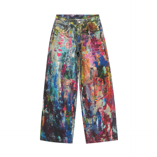 Retro Illusion Print Wide-Leg Jeans