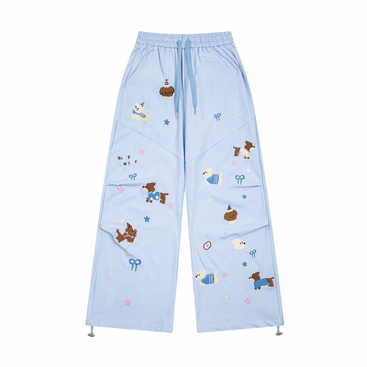 Playful Embroidered Striped Wide Leg Pants