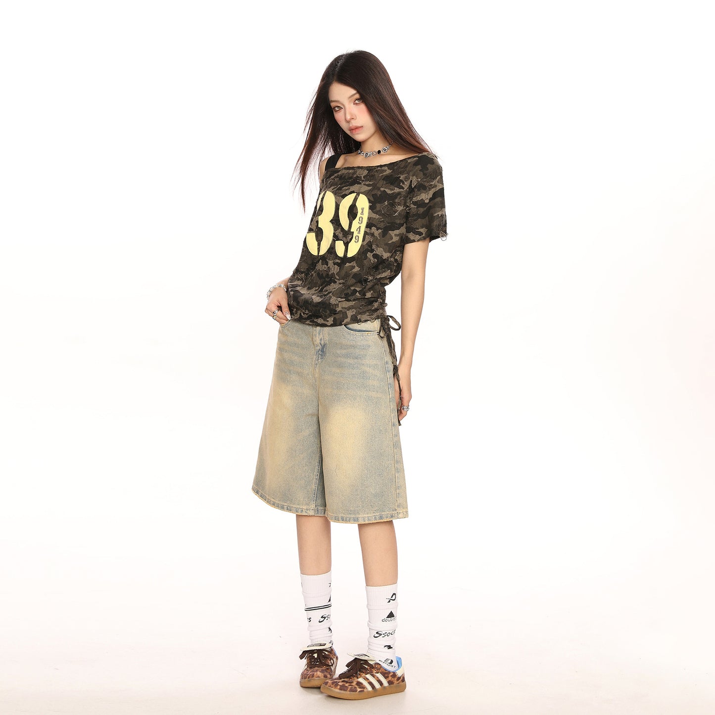 Slanted Shoulder Camouflage Off-Shoulder Top
