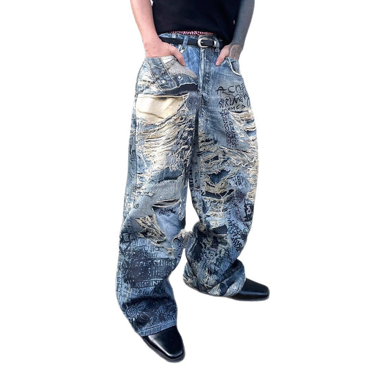 Playful Letter Flower Denim Jeans for Men