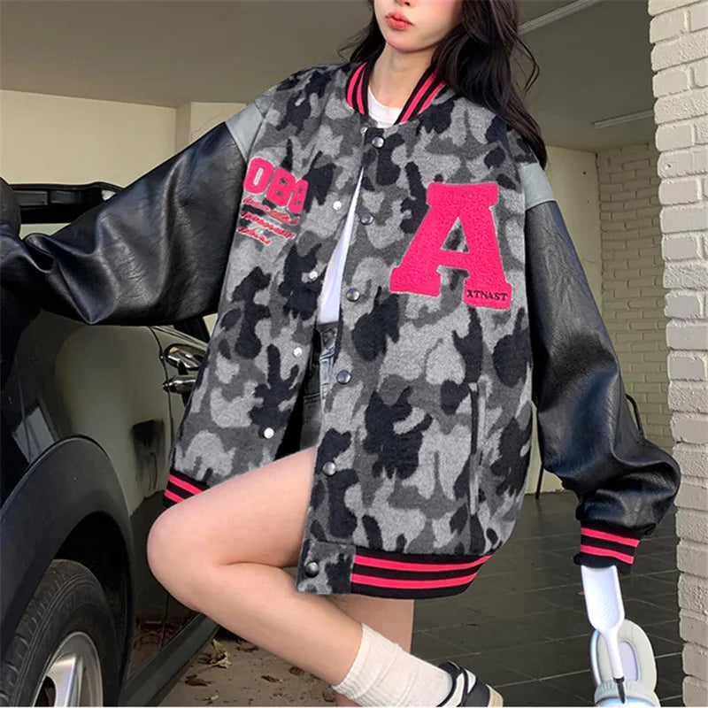 Harajuku Style Women Bomber Jacket - Embroidered Camouflage