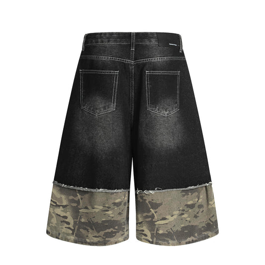 Harajuku Style Distressed Camouflage Wide-Leg Denim Shorts
