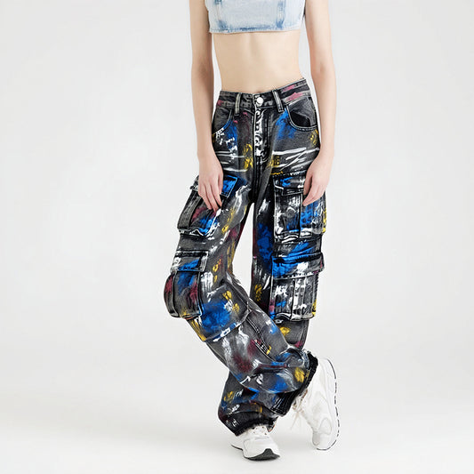 Graffiti Multi Pocket Workwear Jeans for Women