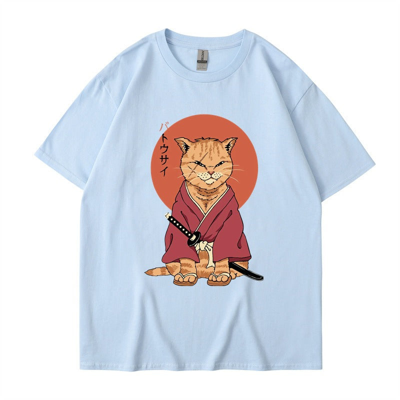 Cute Ninja Cat Print T-Shirt for Men and Women, Cool Summer Short Sleeved Round Neck T-Shirt