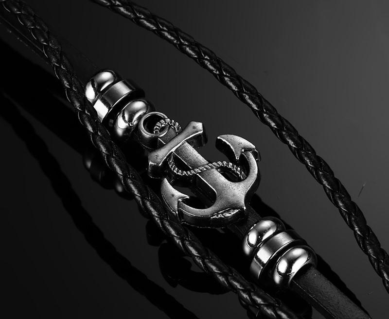 Harajuku Black Braided Leather Anchor Bracelet for Men