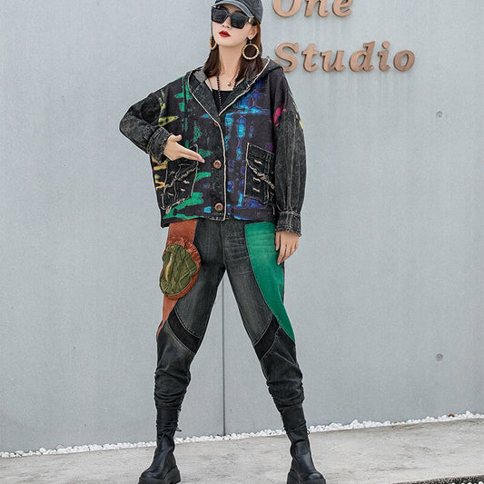 Harajuku Style Tie-Dye Denim Hooded Jacket