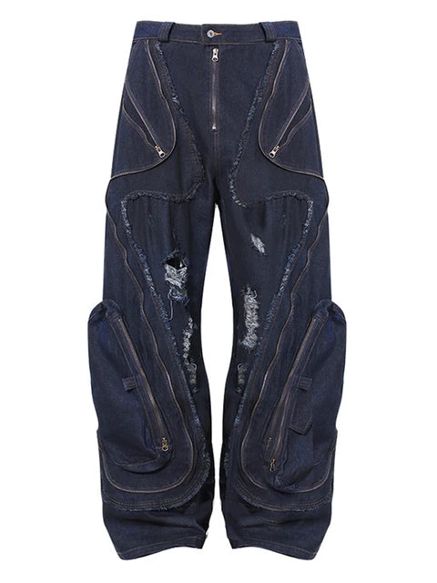 Playful High Waist Navy Blue Wide Leg Jeans with Zipper Pockets