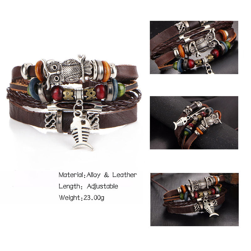 2 pcs Tibetan Stone Feather Multilayer Leather Bracelet Set