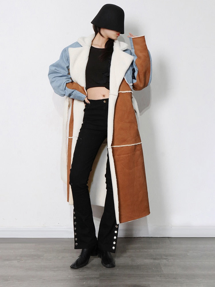 Lace Up Patchwork Denim Lambswool Jacket for Women