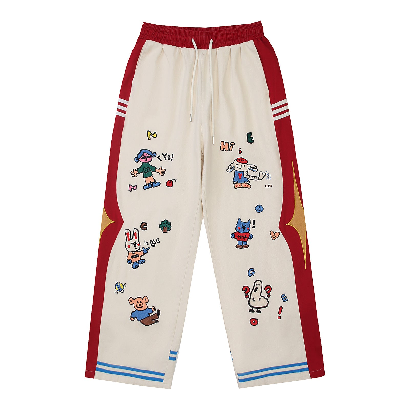 Fun Cartoon Embroidery Color Block Drawstring Casual Pants