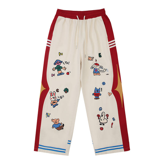 Fun Cartoon Embroidery Color Block Drawstring Casual Pants