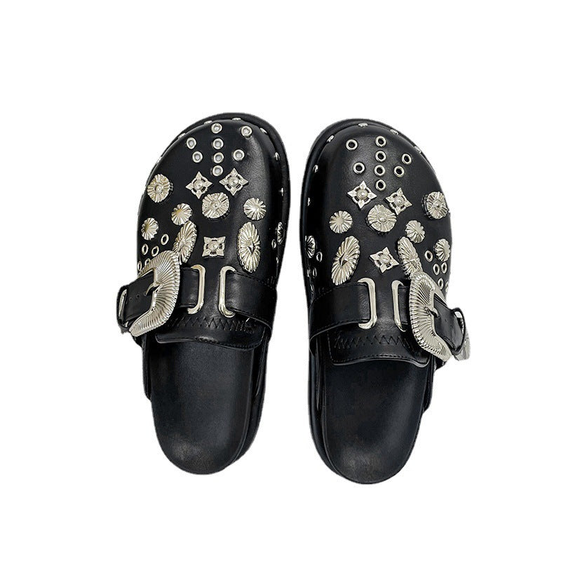 Metal Decor Ladies Leather Mules with Fur Inside