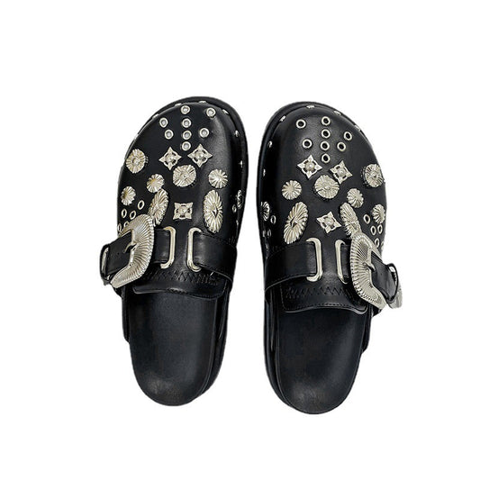 Metal Decor Ladies Leather Mules with Fur Inside