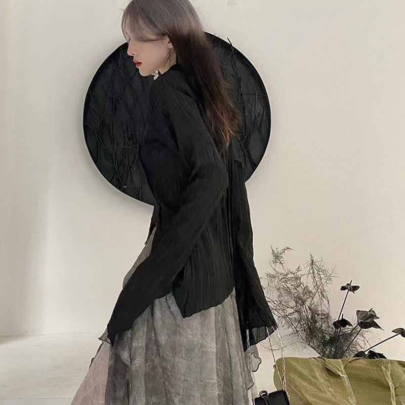 Karrram Gothic Black Shirt - Yamamoto Style Dark Aesthetic Blouse for Women - Irregular Designer Emo Alt Grunge Tops - Y2K Fashion