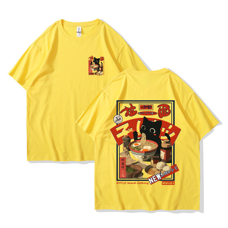Harajuku Cat Cartoon Eating Noodles Graphic Unisex Casual Short Sleeve T-Shirt