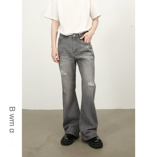 Harajuku Inspired Washed Flared Hole Denim Trousers