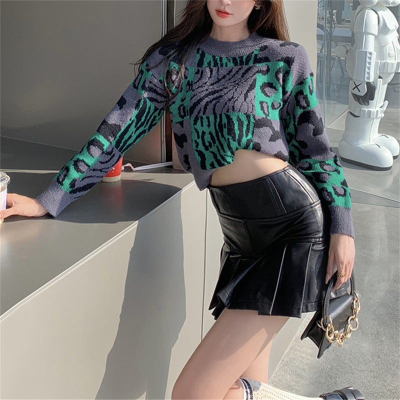 Vintage Leopard Print Knit Sweater for Women