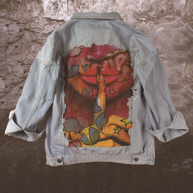 Playful Tongue Out Print Denim Jacket