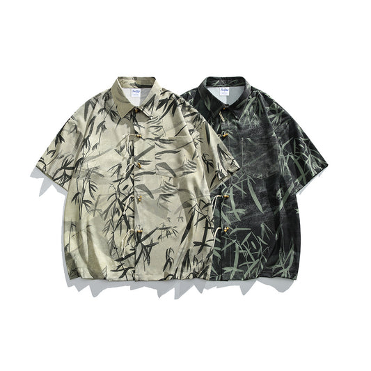 Bamboo Leaf Printed Loose Fitting Shirt