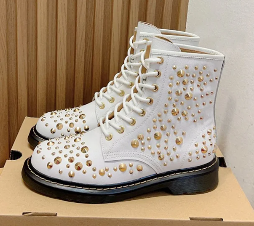 Pink Rivet Lace Up Motorcycle Boots Genuine Leather Flat Platform Girls' Short Ankle Boots Outdoor Fashion Street Boots