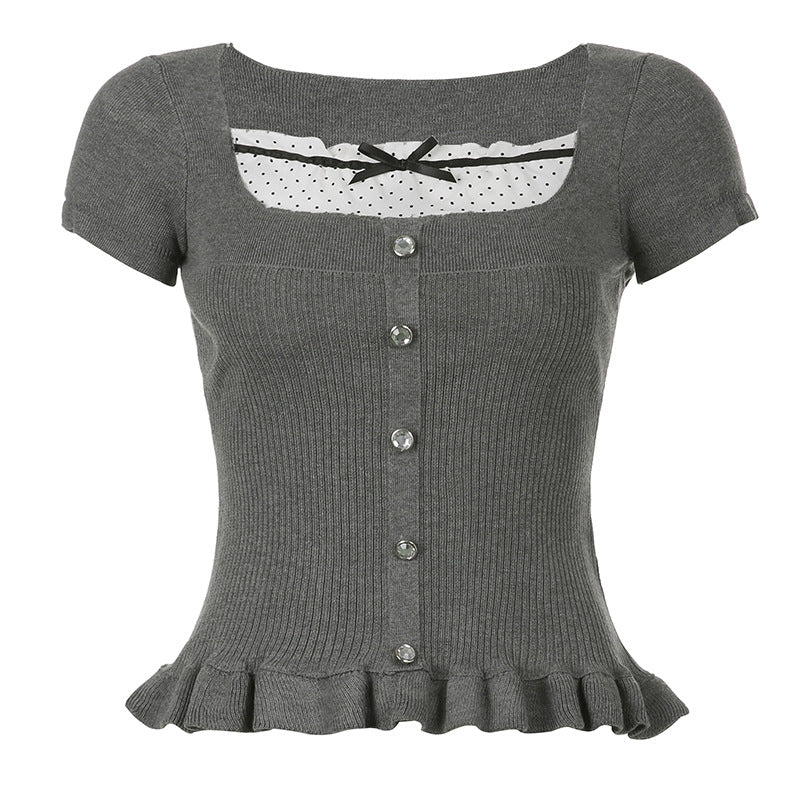Lace-Up Striped Bow Lace Spliced Pleated Skirt