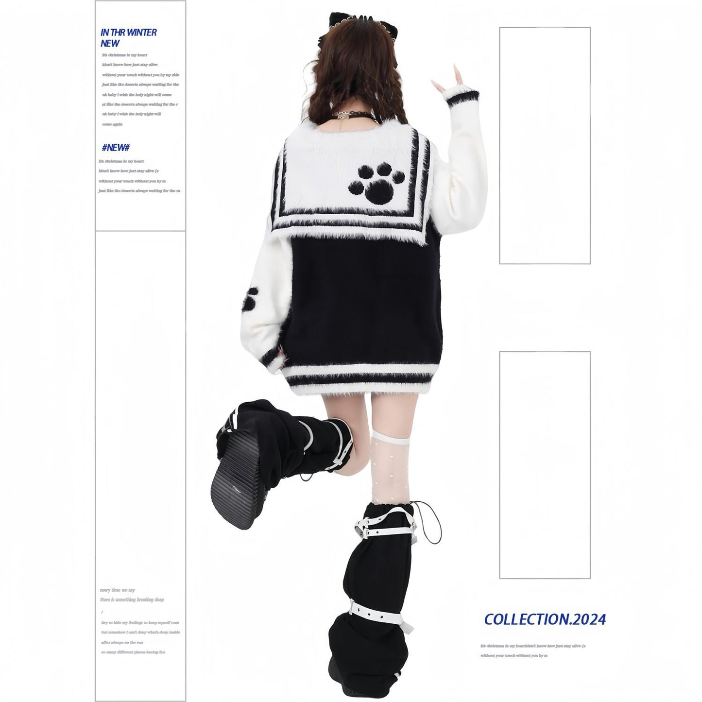 LED Cartoon Imitation Mink Fur Loose Black and White Sweater