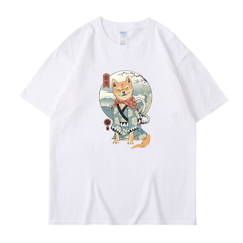 Chai Gou Ukiyo-e Style Shibu Inu Round Neck Short Sleeved Casual Top for Men
