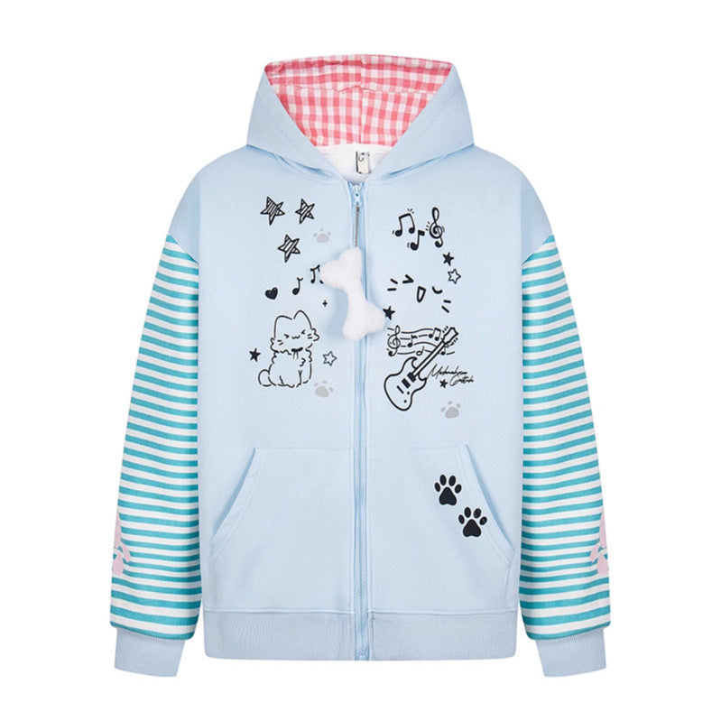 Print Hooded Zip-Up Sweatshirt Striped Patchwork Loose Outerwear Jacket