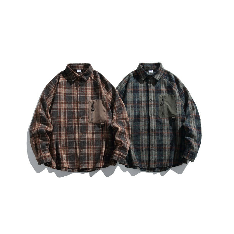 Color-Blocked Checkered Zipper Pocket Loose Long Sleeve Shirt