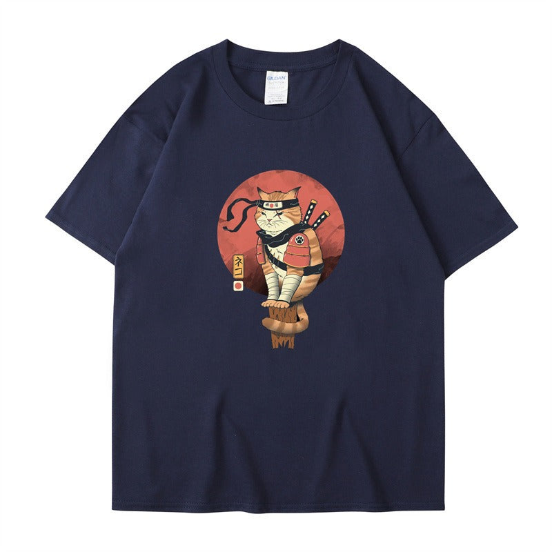 Ninja Cat Print T-Shirt - Short Sleeved Round Neck
