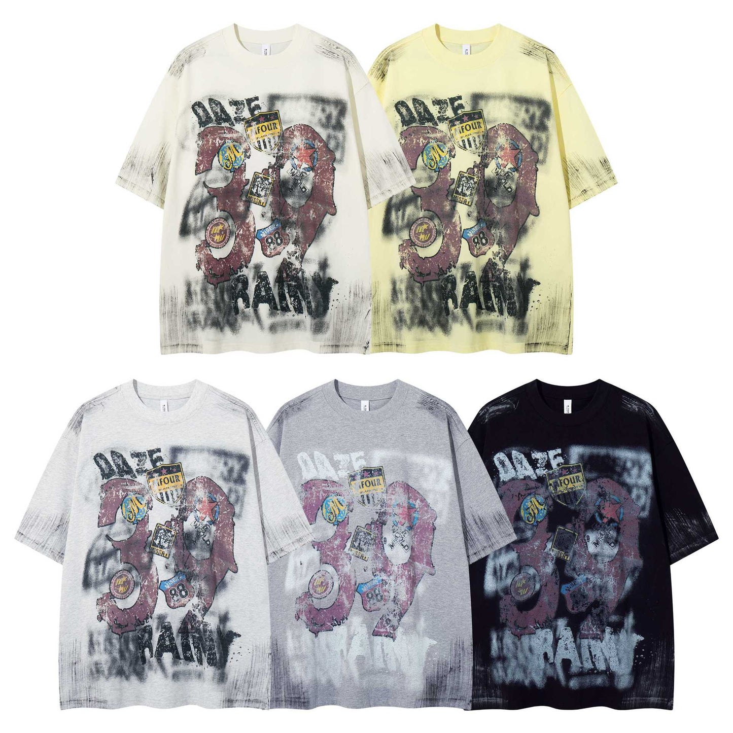 Harajuku Graffiti Badge Vintage Short Sleeve Tee — Fragmented Flowers Cotton Loose Fit