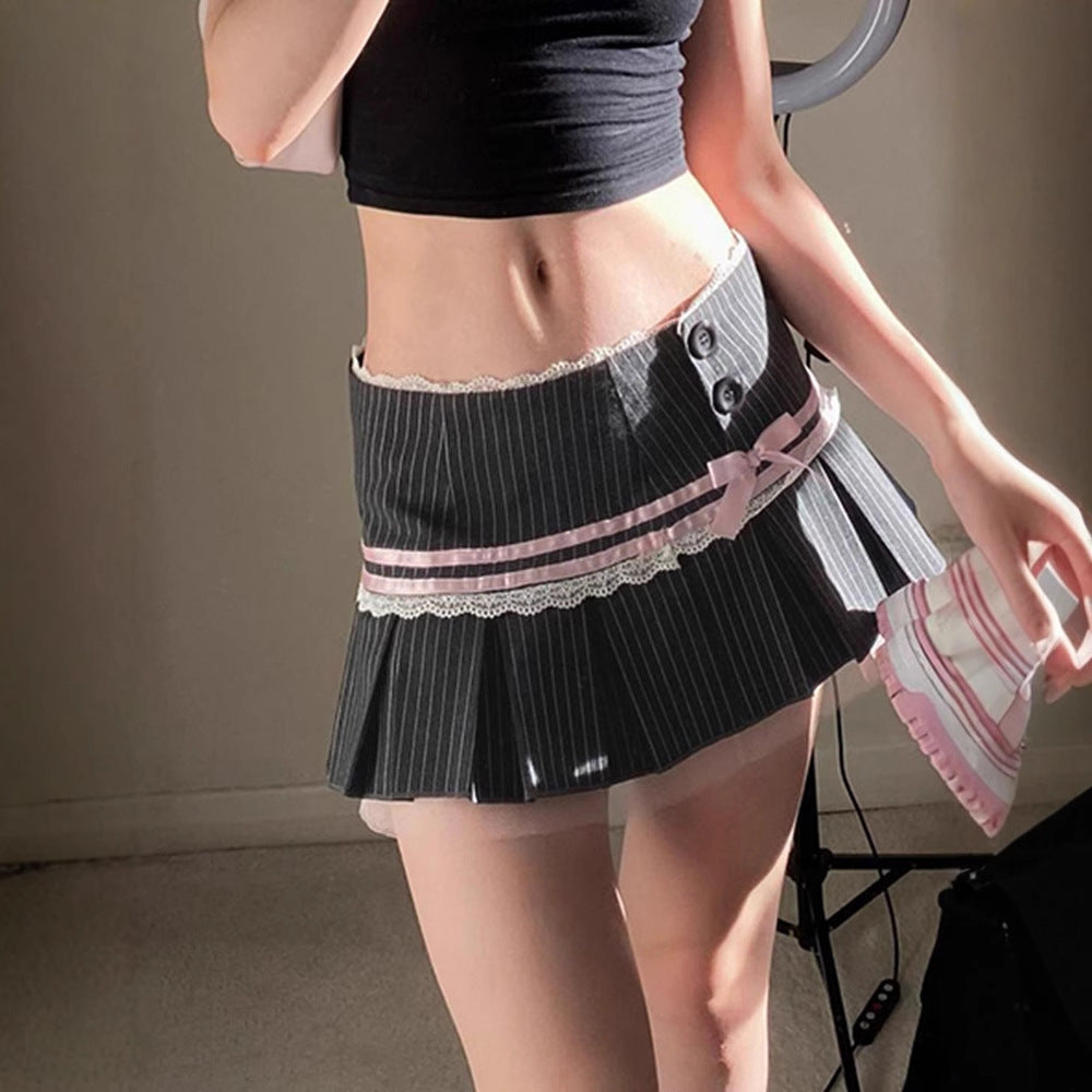 Lace-Up Striped Bow Lace Spliced Pleated Skirt