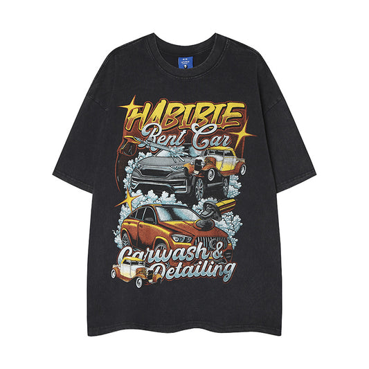Retro Car Print Short Sleeve T-Shirt - Harajuku Style