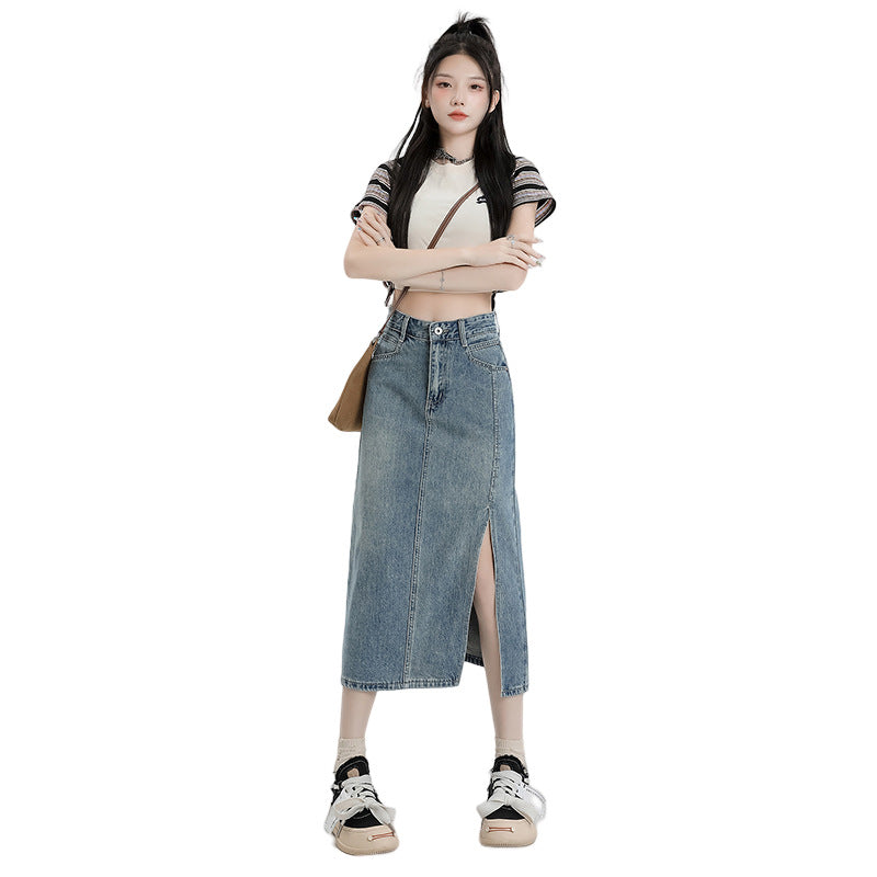 Women's High Waist Loose Fit A-Line Denim Midi Skirt with Slit for Summer
