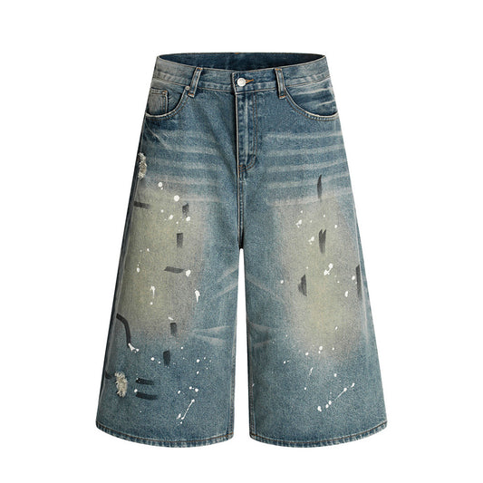 Heavy-Duty Splatter Paint Denim Three-Quarter Pants