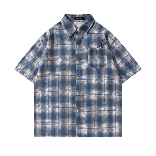 Retro Butterfly Embroidery Casual Plaid Shirt