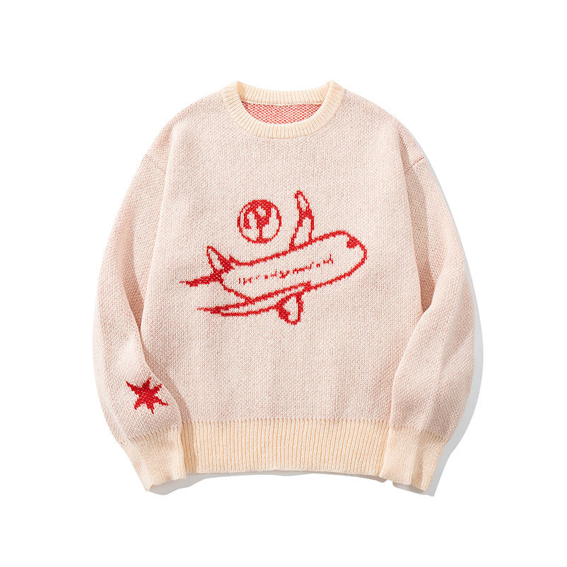 Loose Casual Sweater Harajuku Style Crew Neck Airplane Jacquard Knitwear