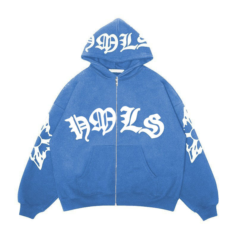 Gothic Letter Printed Oversized Zipper Hoodie