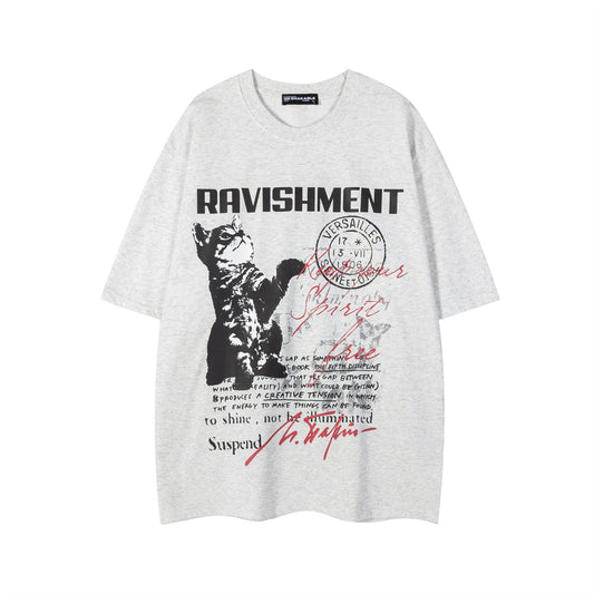 Cute Cat Letter Print Short Sleeve T-Shirt Unisex Retro Loose Casual Half Sleeve Tee Couple Top