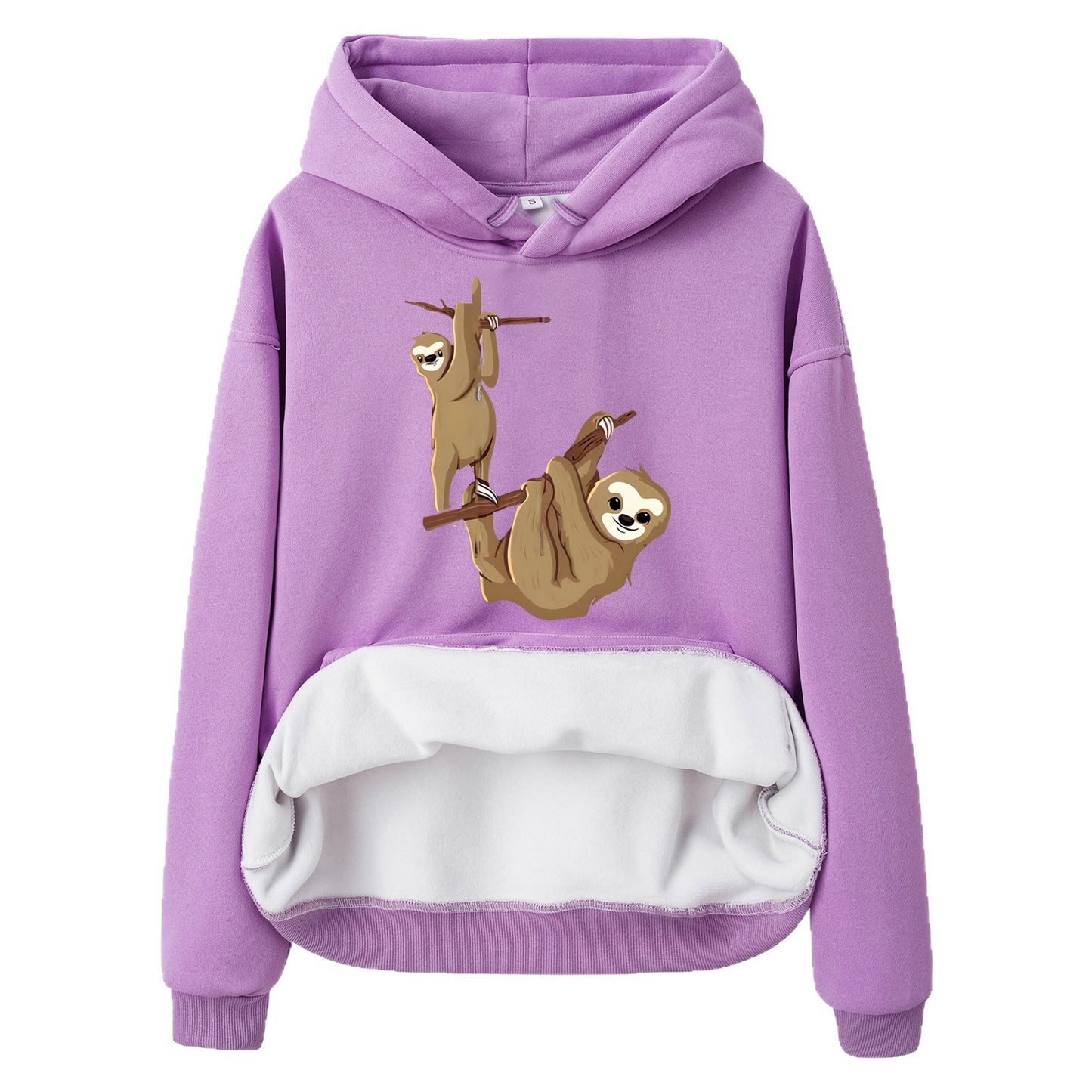 Hooded Long Sleeve Velvet Pullover with Sloth Pattern and Kangaroo Pocket