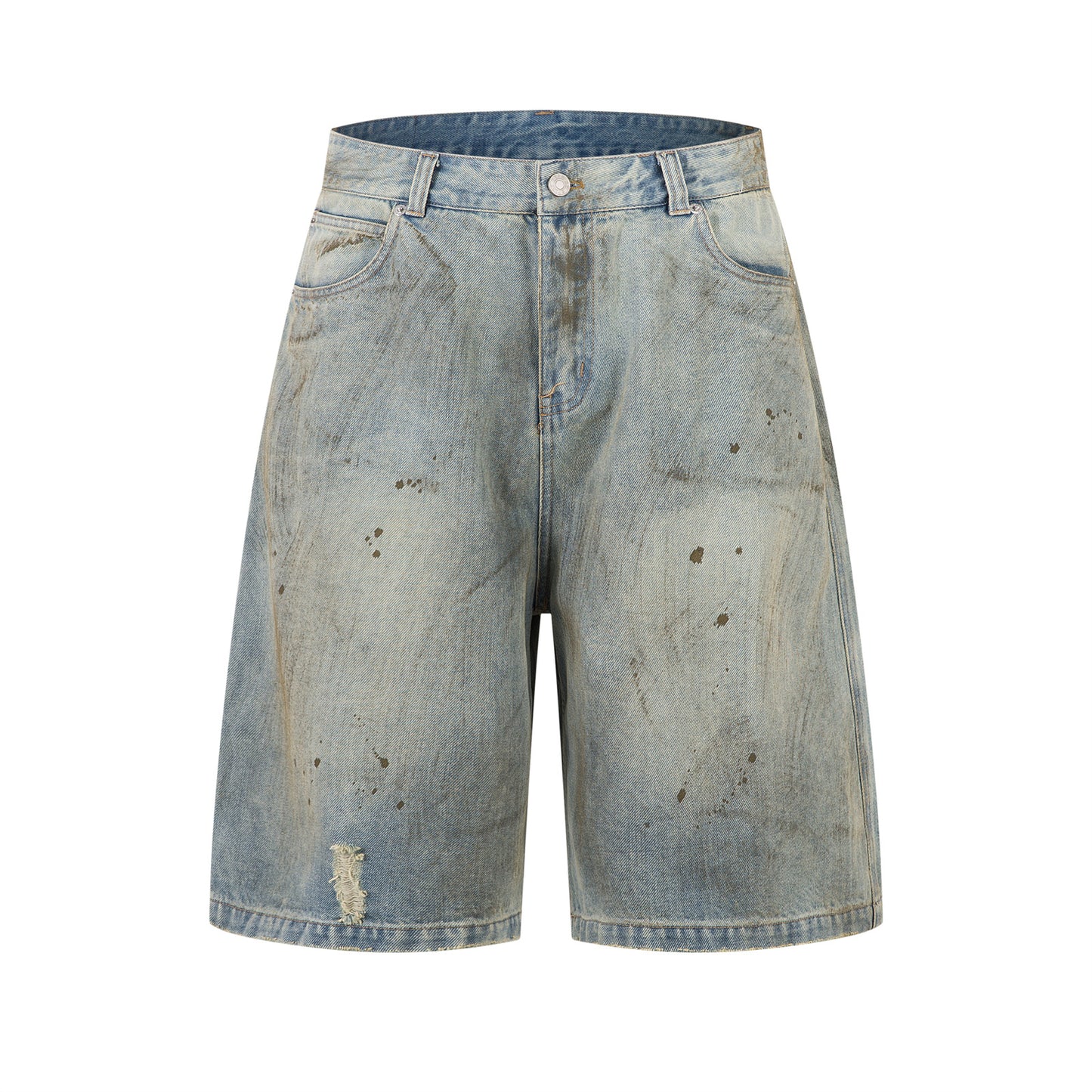 Washed Faded Splatter Hole Design Denim 7/8 Pants