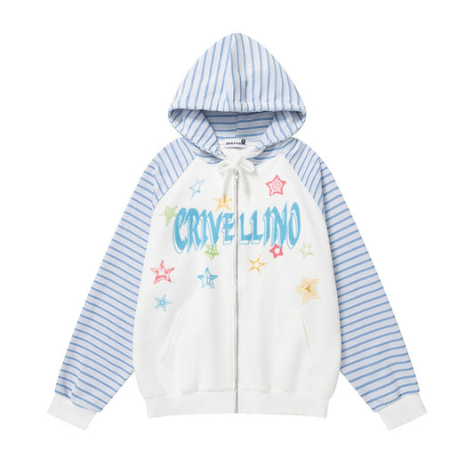 Star Graffiti Hoodie: Versatile Blue and White Stripe Patchwork Cardigan Coat
