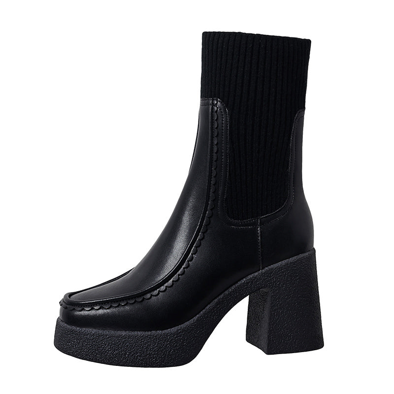 Brand Genuine Leather Women's Chunky High Heels Platform Ankle Boots in Black and Brown for Dress or Casual Events, Size US9