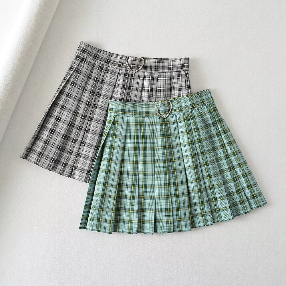 High-Waisted Checkered Midi Skirt with Black A-Line Design