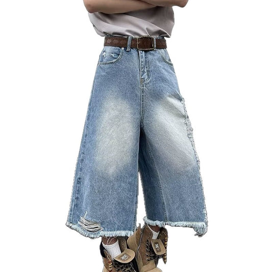 Ripped Denim Cropped Wide Leg Pants