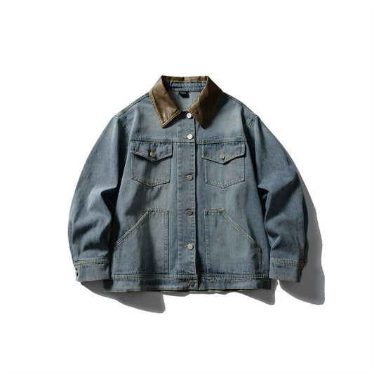 Block Turn-Down Collar Denim Jacket