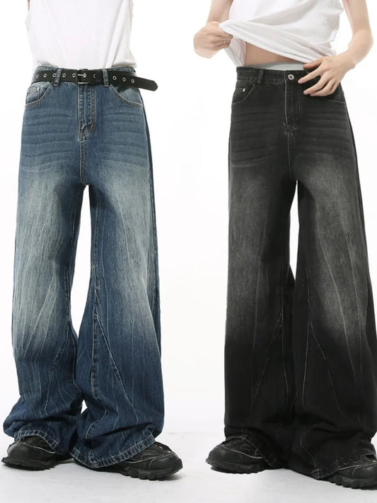 Washed Lightning Pattern Wide Leg Jeans - Harajuku Style